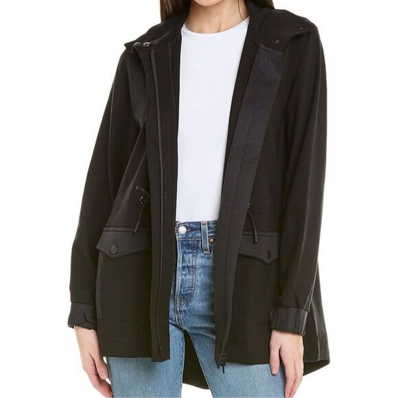 Cabi Tuxedo Parka Coat Jacket Black Size large Zip Front Pockets Day to Night - Picture 1 of 8